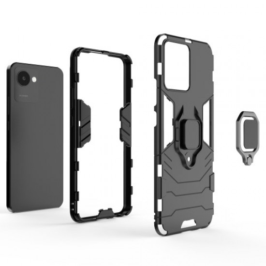 For Realme C30 4G Anti-wear Anti-scratch Ring Kickstand Phone Case Soft TPU Hard PC Anti-slip Rugged Back Cover - Black Oppo Realme Cases Mobile