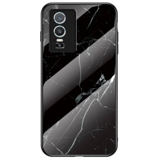 Marble Pattern Phone Case TPU Frame Tempered Glass PC Back Cover Shell for vivo Y76 5G - Black Marble Vivo mobile Cases