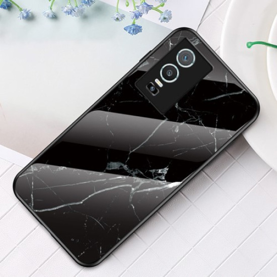 Marble Pattern Phone Case TPU Frame Tempered Glass PC Back Cover Shell for vivo Y76 5G - Black Marble Vivo mobile Cases