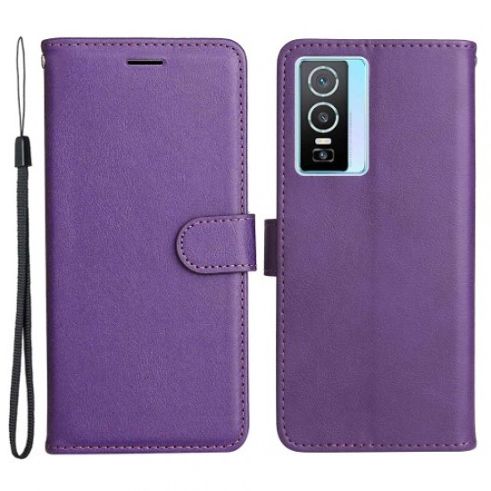 KT Leather Series-2 for vivo Y76 5G Mobile Phone Shell Magnetic PU Leather Case Wallet Stand Protective Flip Phone Cover with Strap - Purple Vivo mobile Cases