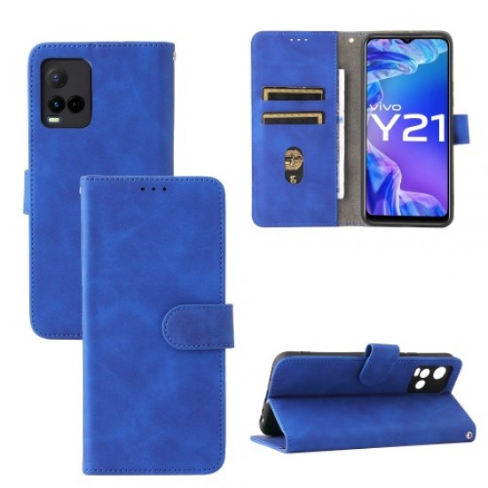 Stand Design Flip Phone Cover Skin-touch Wallet Magnetic Clasp Leather Case Phone Protective Cover for vivo Y21 / vivo Y33s - Blue Vivo mobile Cases