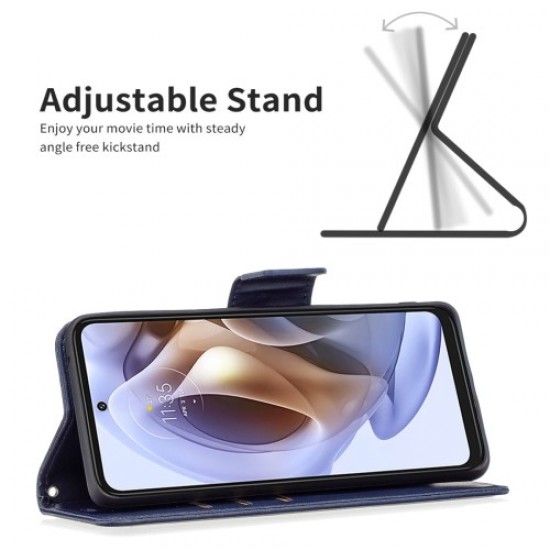 For Motorola Moto G31/Moto G41 Anti-scratch Textured Solid Color PU Leather Cover Stand Magnetic Mobile Phone Case with Strap - Blue Motorola Cases Mobile