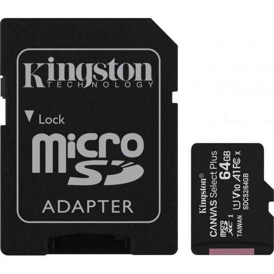 Kingston Canvas Select Plus Κάρτα Μνήμης Micro 64GB Class 10 U1 V10 A1 UHS-I με αντάπτορα Κάρτες Μνήμης και Φλασάκια USB