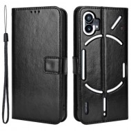 For Nothing phone (1) 5G Crazy Horse Texture Folio Flip Case Stand TPU+PU Leather Wallet Feature Phone Cover with Strap - Black