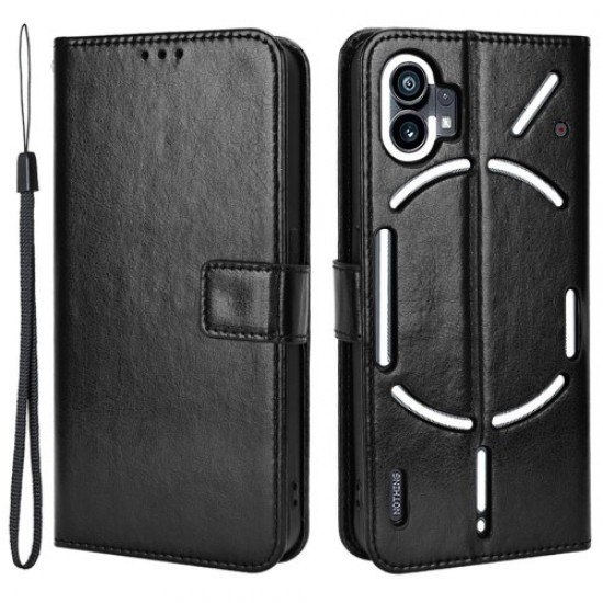 For Nothing phone (1) 5G Crazy Horse Texture Folio Flip Case Stand TPU+PU Leather Wallet Feature Phone Cover with Strap - Black Nothing Cases Mobile