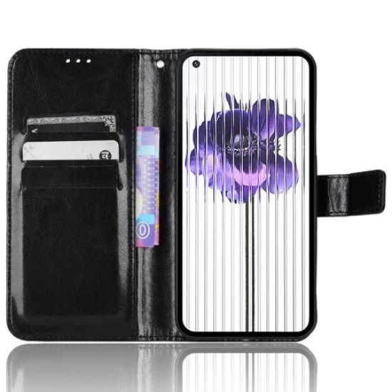 For Nothing phone (1) 5G Crazy Horse Texture Folio Flip Case Stand TPU+PU Leather Wallet Feature Phone Cover with Strap - Black Nothing Cases Mobile