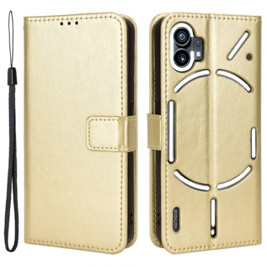 For Nothing phone (1) 5G Crazy Horse Texture Folio Flip Case Stand TPU+PU Leather Wallet Feature Phone Cover with Strap - Gold Nothing Cases Mobile