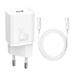 BASEUS Super Si Quick Charger Adapter 25W Wall Charger Block with Type-C to Type-C Charging Cable 3A 1m (EU Plug) - White BASEUS Super Si Quick Charger Adapter 25W Wall Charger Block with Type-C to Type-C Charging Cable 3A 1m (EU Plug) - White