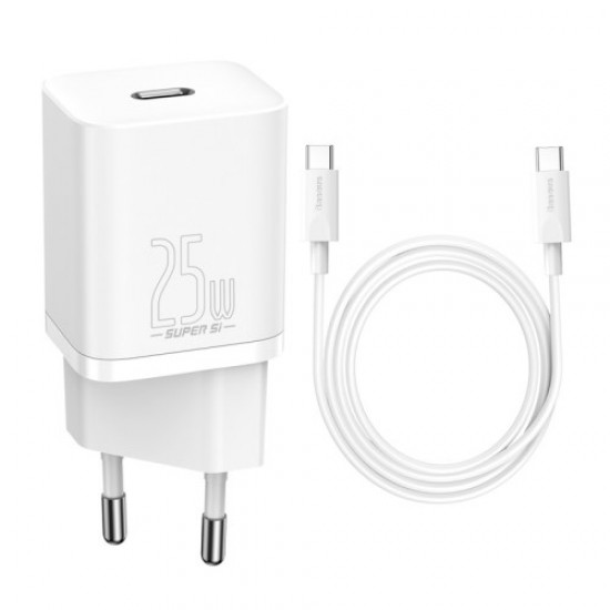 BASEUS Super Si Quick Charger Adapter 25W Wall Charger Block with Type-C to Type-C Charging Cable 3A 1m (EU Plug) - White Cables Adapters & Chargers