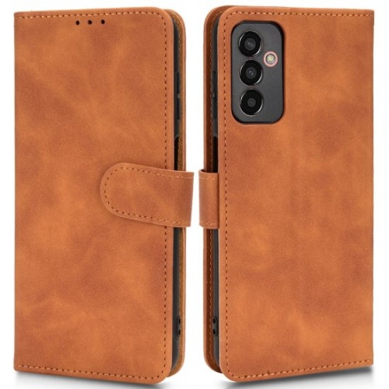 For Samsung Galaxy M13 4G Skin-touch Feeling Full Protection PU Leather Case Stand Wallet Magnetic Clasp Phone Cover with Strap - Brown Samsung Cases Mobile