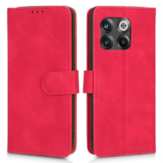 For OnePlus 10T 5G / Ace Pro 5G Wallet Stand Skin-touch Feeling Phone Case PU Leather Magnetic Clasp Shockproof Cover with Strap - Red OnePlus Mobile Cases