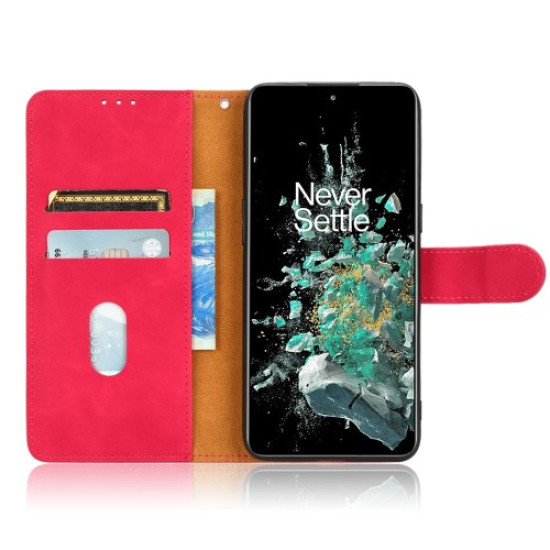 For OnePlus 10T 5G / Ace Pro 5G Wallet Stand Skin-touch Feeling Phone Case PU Leather Magnetic Clasp Shockproof Cover with Strap - Red OnePlus Mobile Cases