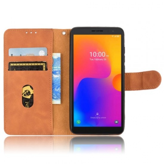 For Alcatel 1B (2022) Skin-touch Feeling Cell Phone Case Magnetic Clasp PU Leather Wallet Adjustable Stand Protector with Strap - Brown Alcatel Cases Mobile