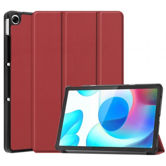 Trifold Stand PU Leather Hard PC Inner Shockproof Protective Tablet Cover for Realme Pad 10.4 - Wine Red Oppo Realme Tablet Cases
