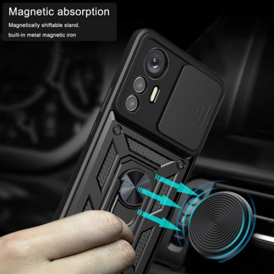 For Xiaomi 12 Lite 5G Slide Camera Protection Phone Case Kickstand PC + TPU Hybrid Mobile Phone Cover - Black XIAOMI Cases Mobile