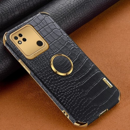 For Xiaomi Redmi 10A Ring Holder Kickstand Case Anti-drop Precise Cutout Crocodile Texture Leather Coated TPU 6D Electroplated Shockproof Protective Shell - Black XIAOMI Cases Mobile