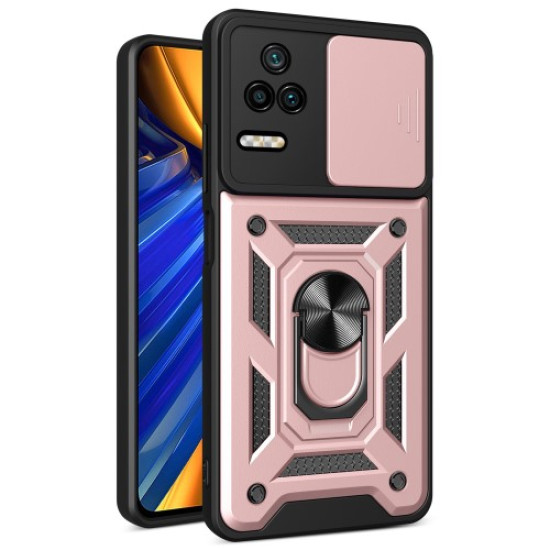 For Xiaomi Poco F4 5G / Redmi K40S 5G Kickstand PC + TPU Hybrid Cover Slide Camera Protection Phone Case - Rose Gold XIAOMI Cases Mobile