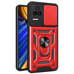 For Xiaomi Poco F4 5G / Redmi K40S 5G Kickstand PC + TPU Hybrid Cover Slide Camera Protection Phone Case - Red