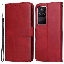 For Xiaomi Redmi K40S 5G / Poco F4 5G Phone Cover Magnetic Classic Calf Texture PU Leather Stand Wallet Style Phone Case - Red