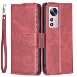 For Xiaomi 12 5G/12X 5G/12S 5G Textured Solid Color PU Leather Folio Flip Cover Stand Magnetic Phone Case with Strap - Red For Xiaomi 12 5G/12X 5G/12S 5G Textured Solid Color PU Leather Folio Flip Cover Stand Magnetic Phone Case with Strap - Red