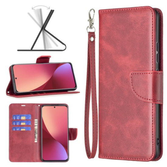 For Xiaomi 12 5G/12X 5G/12S 5G Textured Solid Color PU Leather Folio Flip Cover Stand Magnetic Phone Case with Strap - Red XIAOMI Cases Mobile