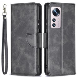For Xiaomi 12 5G/12X 5G/12S 5G Textured Solid Color PU Leather Folio Flip Cover Stand Magnetic Phone Case with Strap - Black For Xiaomi 12 5G/12X 5G/12S 5G Textured Solid Color PU Leather Folio Flip Cover Stand Magnetic Phone Case with Strap - Black