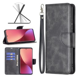 For Xiaomi 12 5G/12X 5G/12S 5G Textured Solid Color PU Leather Folio Flip Cover Stand Magnetic Phone Case with Strap - Black For Xiaomi 12 5G/12X 5G/12S 5G Textured Solid Color PU Leather Folio Flip Cover Stand Magnetic Phone Case with Strap - Black