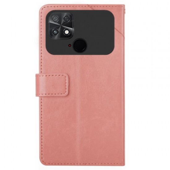 For Xiaomi Poco C40 4G HT01 Wallet Stand Feature Imprinted Y-Shaped Lines Phone Case PU Leather Anti-fall Shell with Strap - Pink XIAOMI Cases Mobile