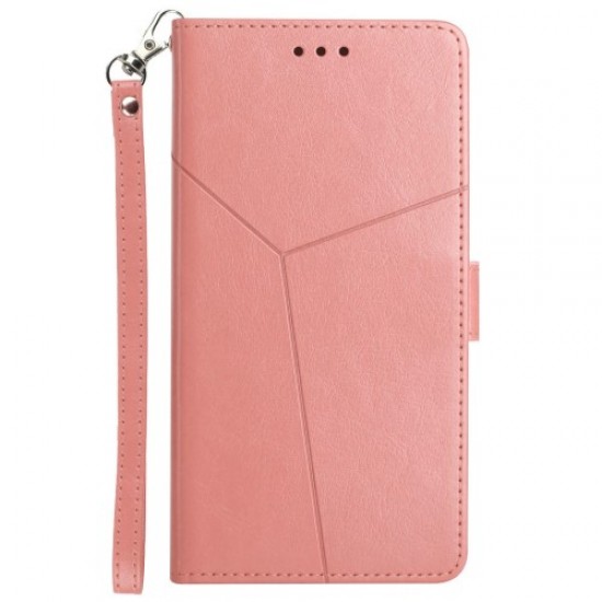 For Xiaomi Poco C40 4G HT01 Wallet Stand Feature Imprinted Y-Shaped Lines Phone Case PU Leather Anti-fall Shell with Strap - Pink XIAOMI Cases Mobile