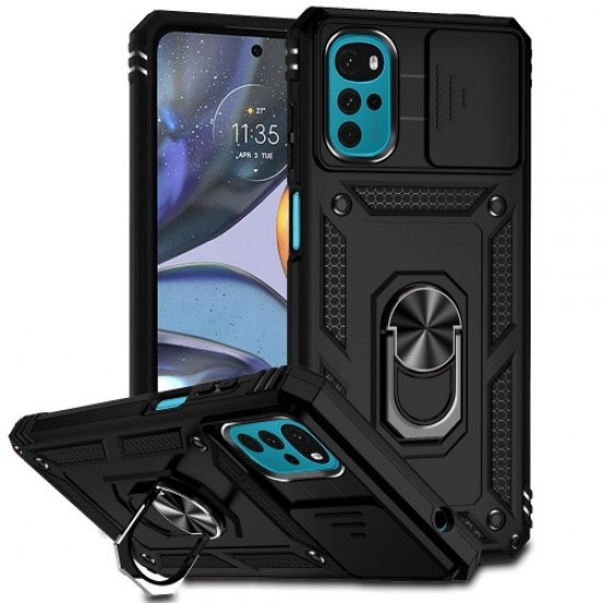 For Motorola Moto G22 Slide Camera Protector PC + TPU Hybrid Case Phone Drop-proof Cover with Metal Ring Kickstand - Black Motorola Cases Mobile