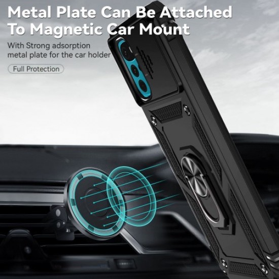 For Motorola Moto G22 Slide Camera Protector PC + TPU Hybrid Case Phone Drop-proof Cover with Metal Ring Kickstand - Black Motorola Cases Mobile
