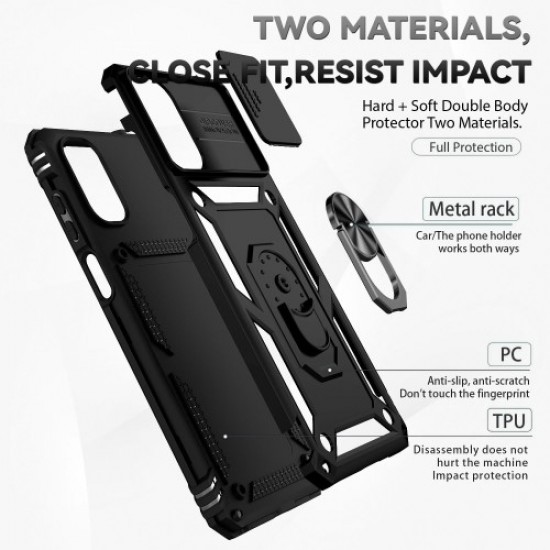 For Motorola Moto G22 Slide Camera Protector PC + TPU Hybrid Case Phone Drop-proof Cover with Metal Ring Kickstand - Black Motorola Cases Mobile