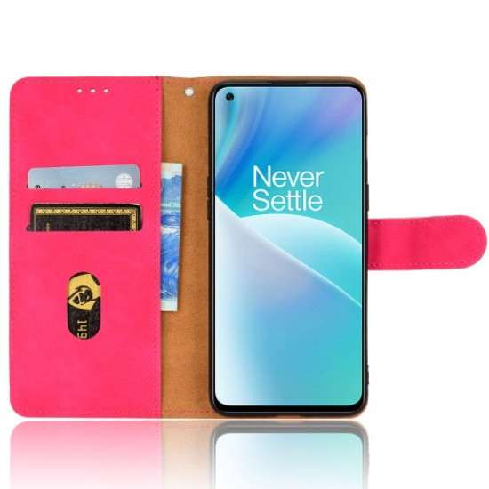 For OnePlus Nord 2T 5G Anti-fall Flip Case Wallet Skin-touch Feeling PU Leather Magnetic Cellphone Case Stand with Wrist Strap - Rose OnePlus Mobile Cases