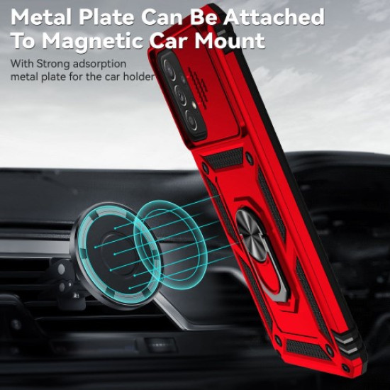 For Samsung Galaxy A73 5G Camera Protection Case Soft TPU + Hard PC Hybrid Design Shock Absorption Protective Cover with Rotating Ring Kickstand - Red Samsung Cases Mobile