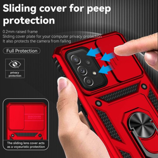 For Samsung Galaxy A73 5G Camera Protection Case Soft TPU + Hard PC Hybrid Design Shock Absorption Protective Cover with Rotating Ring Kickstand - Red Samsung Cases Mobile
