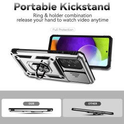 For Samsung Galaxy A73 5G Camera Protection Case Soft TPU + Hard PC Hybrid Design Shock Absorption Protective Cover with Rotating Ring Kickstand - Silver For Samsung Galaxy A73 5G Camera Protection Case Soft TPU + Hard PC Hybrid Design Shock Absorption Protective Cover with Rotating Ring Kickstand - Silver