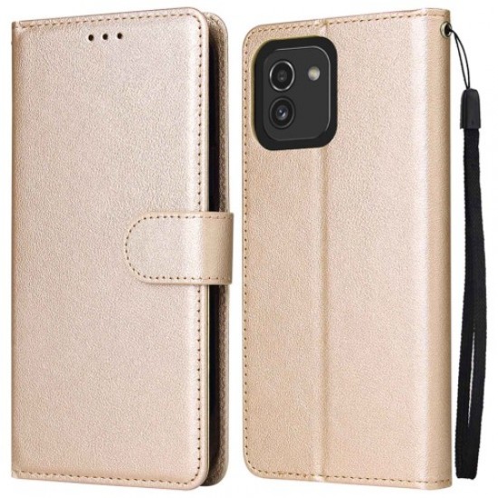 For Samsung Galaxy A03 (164.2 x 75.9 x 9.1mm) Hands-free Stand Cover. Folio Flip PU Leather Wallet Cell Phone Case with Lanyard - Gold Samsung Cases Mobile