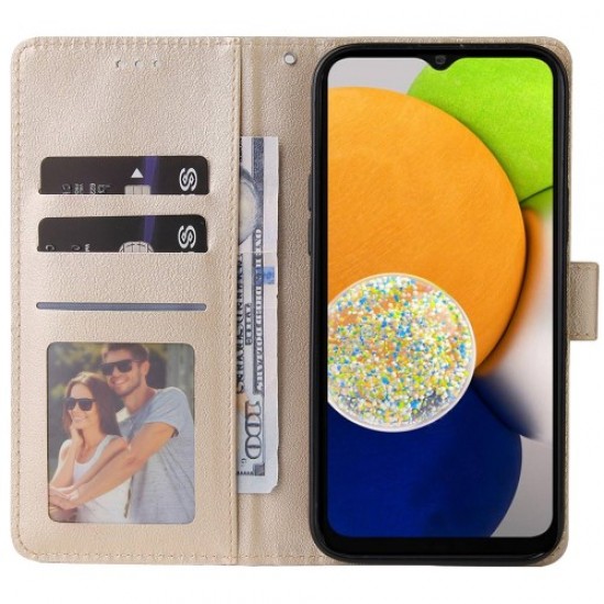For Samsung Galaxy A03 (164.2 x 75.9 x 9.1mm) Hands-free Stand Cover. Folio Flip PU Leather Wallet Cell Phone Case with Lanyard - Gold Samsung Cases Mobile