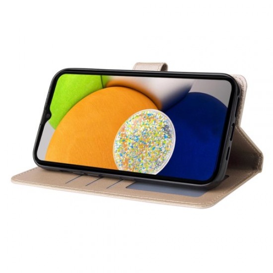 For Samsung Galaxy A03 (164.2 x 75.9 x 9.1mm) Hands-free Stand Cover. Folio Flip PU Leather Wallet Cell Phone Case with Lanyard - Gold Samsung Cases Mobile