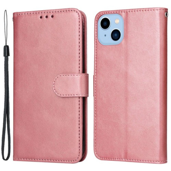For iPhone 14 Plus Calf Texture PU Leather Magnetic Clasp Phone Stand Wallet Cover Drop-proof Case - Rose Gold Apple Cases Mobile