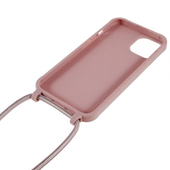 For iPhone 14 Plus Integrated TPU Phone Back Case Anti-scratch Anti-drop Cover with Lanyard - Deep Pink Apple Cases Mobile