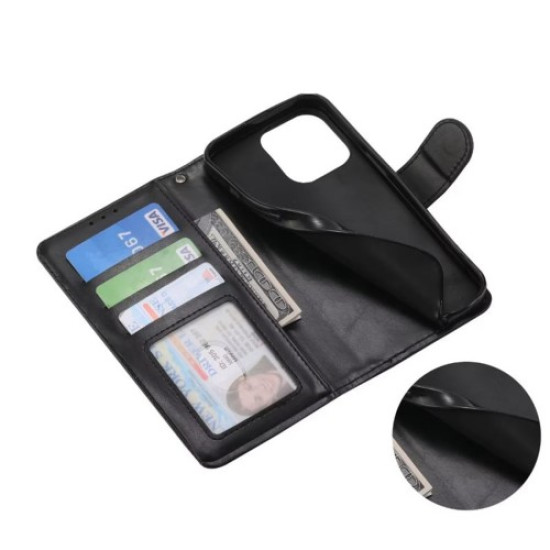 For iPhone 14 Pro 6.1 inch Shockproof Phone Case Crazy Horse Texture PU Leather Flip Wallet Stand Protective Phone Cover - Black Apple Cases Mobile