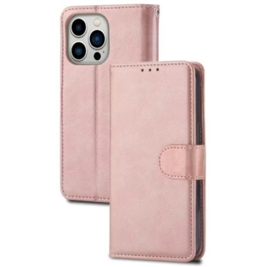 For iPhone 14 Pro 6.1 inch Shockproof Phone Case Crazy Horse Texture PU Leather Flip Wallet Stand Protective Phone Cover - Rose Gold Apple Cases Mobile