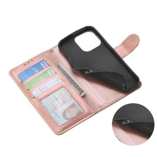 For iPhone 14 Pro 6.1 inch Shockproof Phone Case Crazy Horse Texture PU Leather Flip Wallet Stand Protective Phone Cover - Rose Gold Apple Cases Mobile