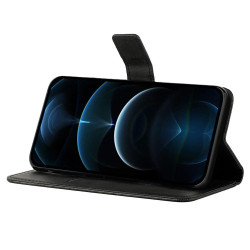 For iPhone 14 6.1 inch Solid Color Stand Wallet Anti-fall Case Line Imprinting PU Leather+TPU Phone Cover - Black