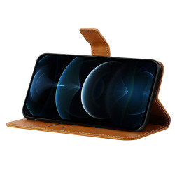 For iPhone 14 6.1 inch Solid Color Stand Wallet Anti-fall Case Line Imprinting PU Leather+TPU Phone Cover - Brown