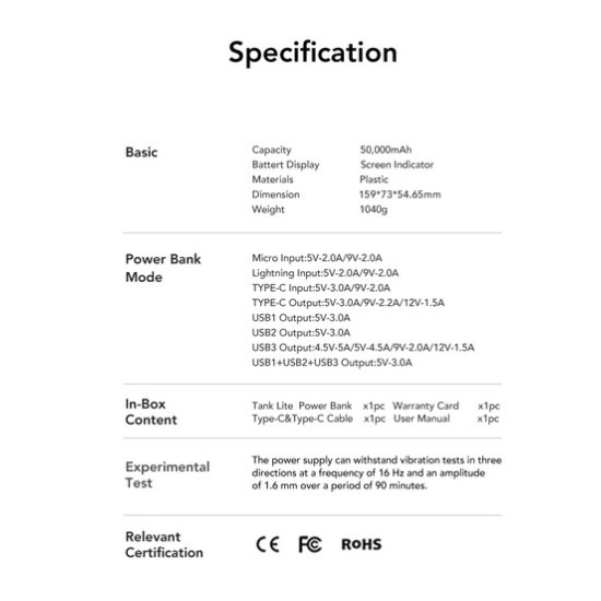 Veger Tanker Lite VP5001 Power Bank 50000mAh with 3 Θύρες USB-A, Type-C, Micro Usb and Lighting - Black Power Bank
