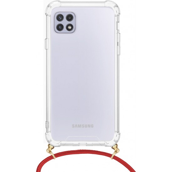 Θήκη Σιλικόνης TPU με Κορδόνι Μεταφοράς για Samsung Galaxy A22 5G (EU Version) - Διάφανο με Κόκκινο Κορδόνι Samsung Θήκες Κινητών