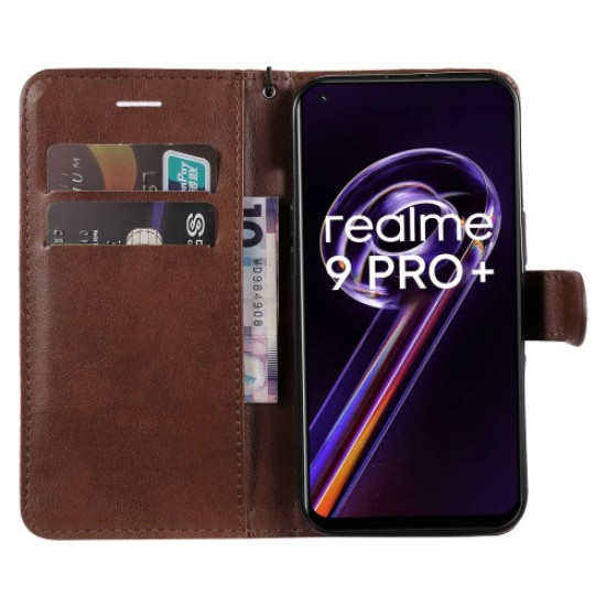 KT Leather Series-2 for Realme 9 Pro+ Wallet Style PU Leather Flip Phone Case Magnetic Closure Handbag Stand Folio Cover with Wrist Strap - Brown Oppo Realme Cases Mobile