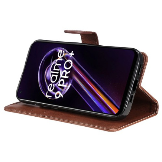 KT Leather Series-2 for Realme 9 Pro+ Wallet Style PU Leather Flip Phone Case Magnetic Closure Handbag Stand Folio Cover with Wrist Strap - Brown Oppo Realme Cases Mobile